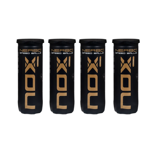Nox Nerbo+ Speed padel balls 4 tube bundle showing black and gold tubes for fast play