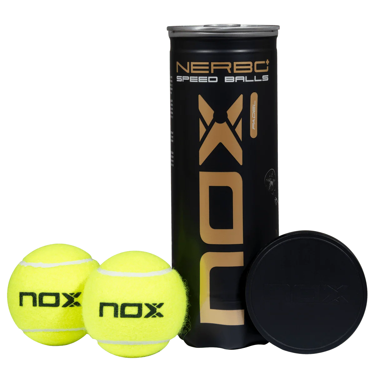 Nox Nerbo+ Speed padel balls front view showing tube, lid and two yellow Nox balls