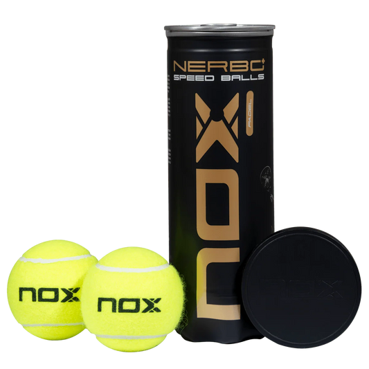 Nox Nerbo+ Speed padel balls front view showing tube, lid and two yellow Nox balls