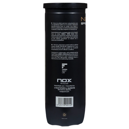 Nox Nerbo+ Speed padel balls tube back view showing product information and barcode