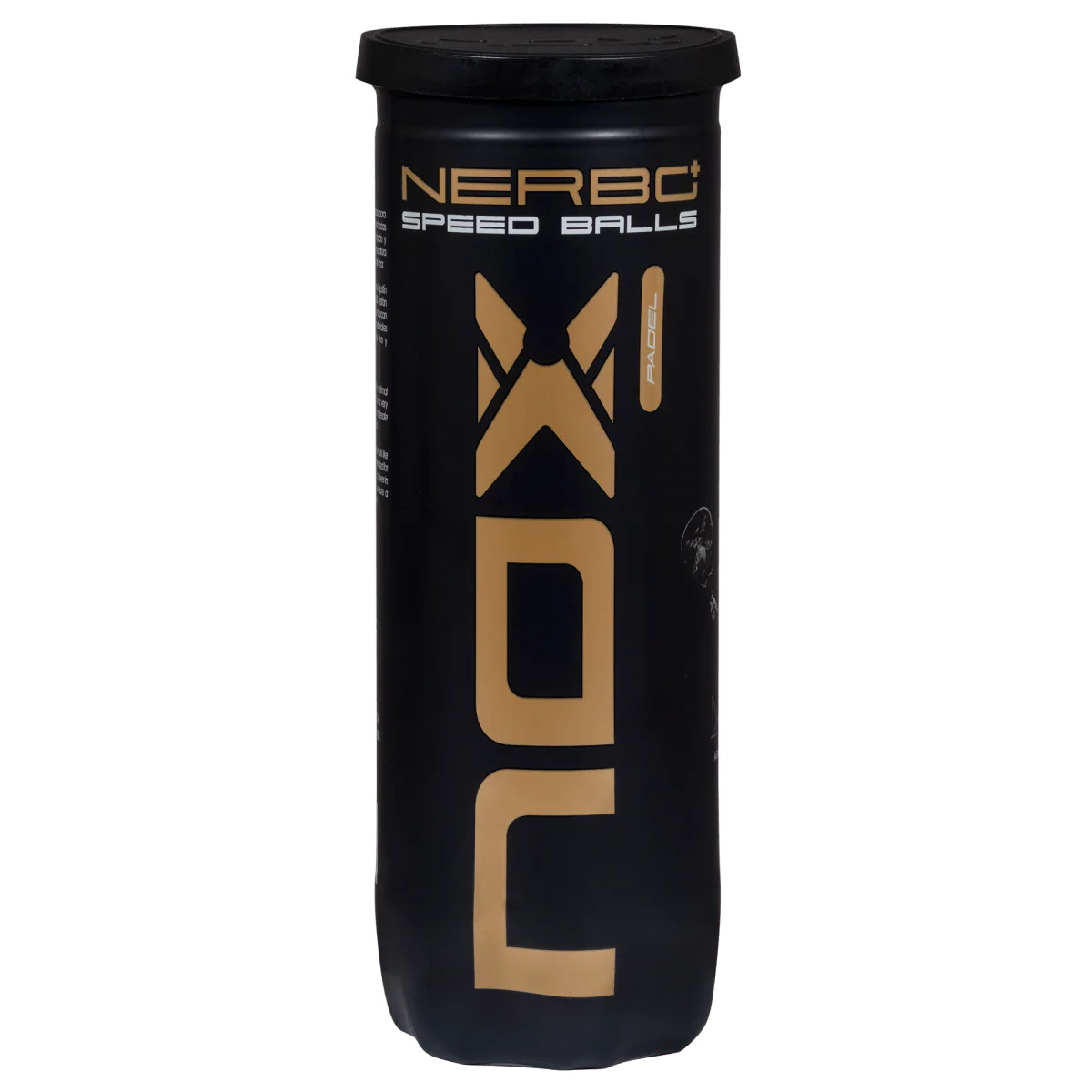 Nox Nerbo+ Speed padel balls tube front view showing black and gold NOX branding