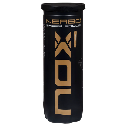 Nox Nerbo+ Speed padel balls tube front view showing black and gold NOX branding