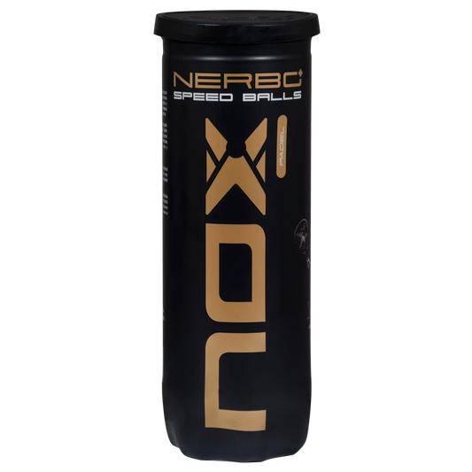 Nox Nerbo+ Speed padel balls tube front view showing black and gold NOX branding