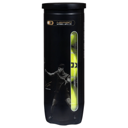 Nox Nerbo+ Speed padel balls tube side view showing ball window and yellow balls inside