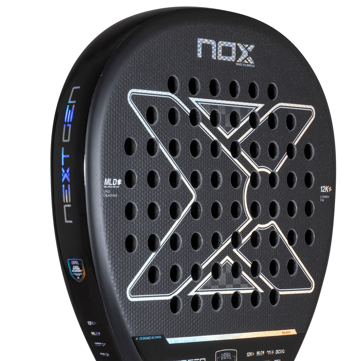 Nox NextGen Pro Attack 12K NFA Series 2026 face close up showing 12K carbon surface and hole pattern