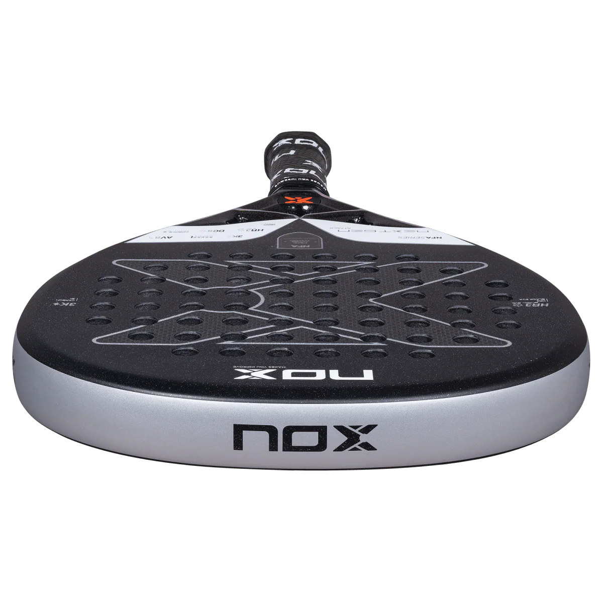 Nox NextGen Pro Attack 3K padel racket bottom edge view showing carbon frame construction, designed for intermediate players.