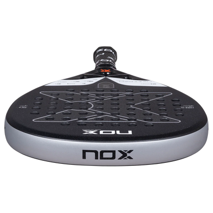 Nox NextGen Pro Attack 3K padel racket bottom edge view showing carbon frame construction, designed for intermediate players.