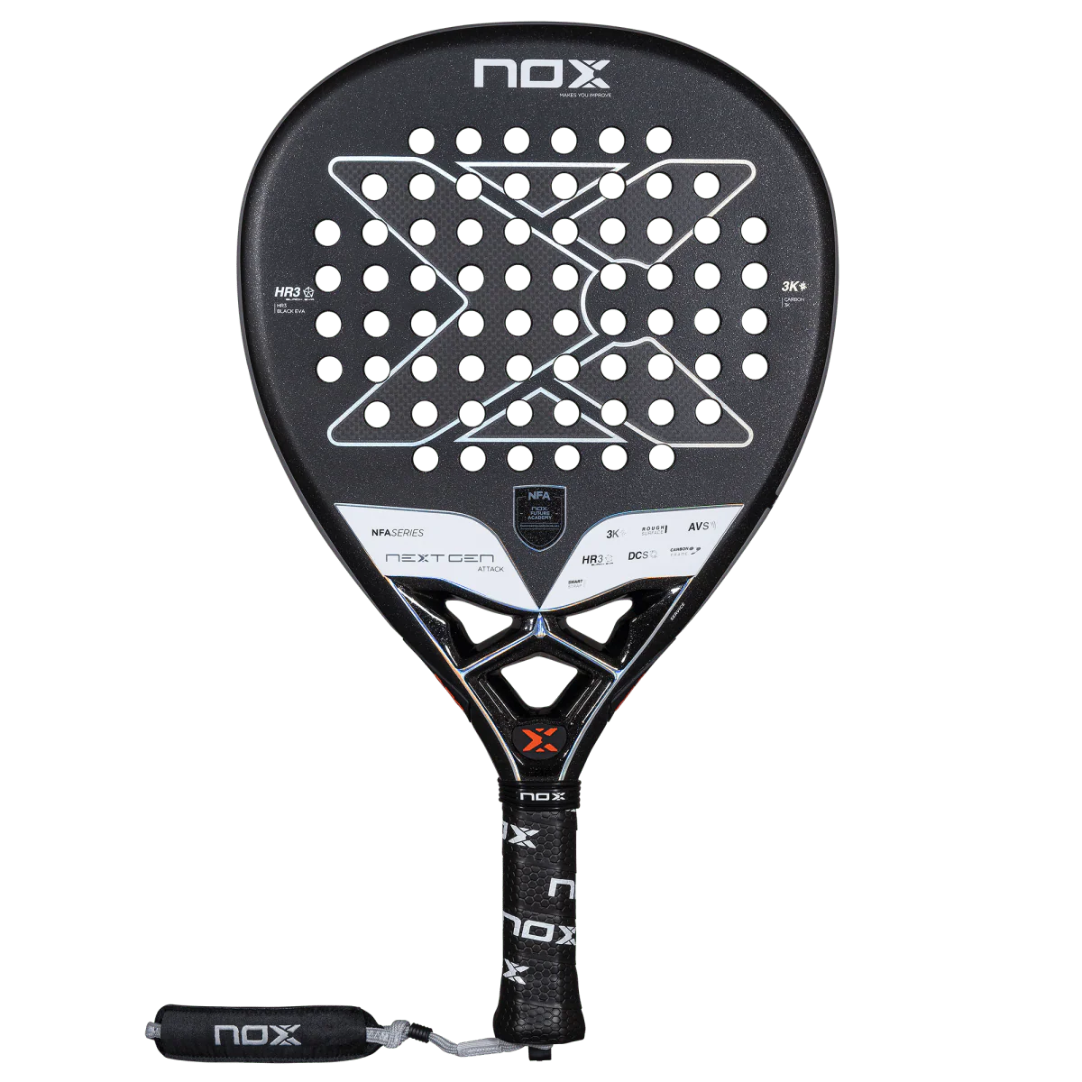 Nox NextGen Pro Attack 3K padel racket front view with diamond shape and rough surface, designed for intermediate players.