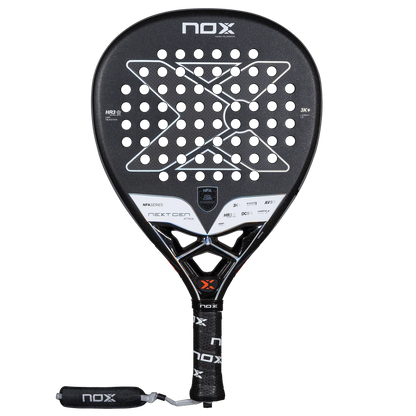 Nox NextGen Pro Attack 3K padel racket front view with diamond shape and rough surface, designed for intermediate players.