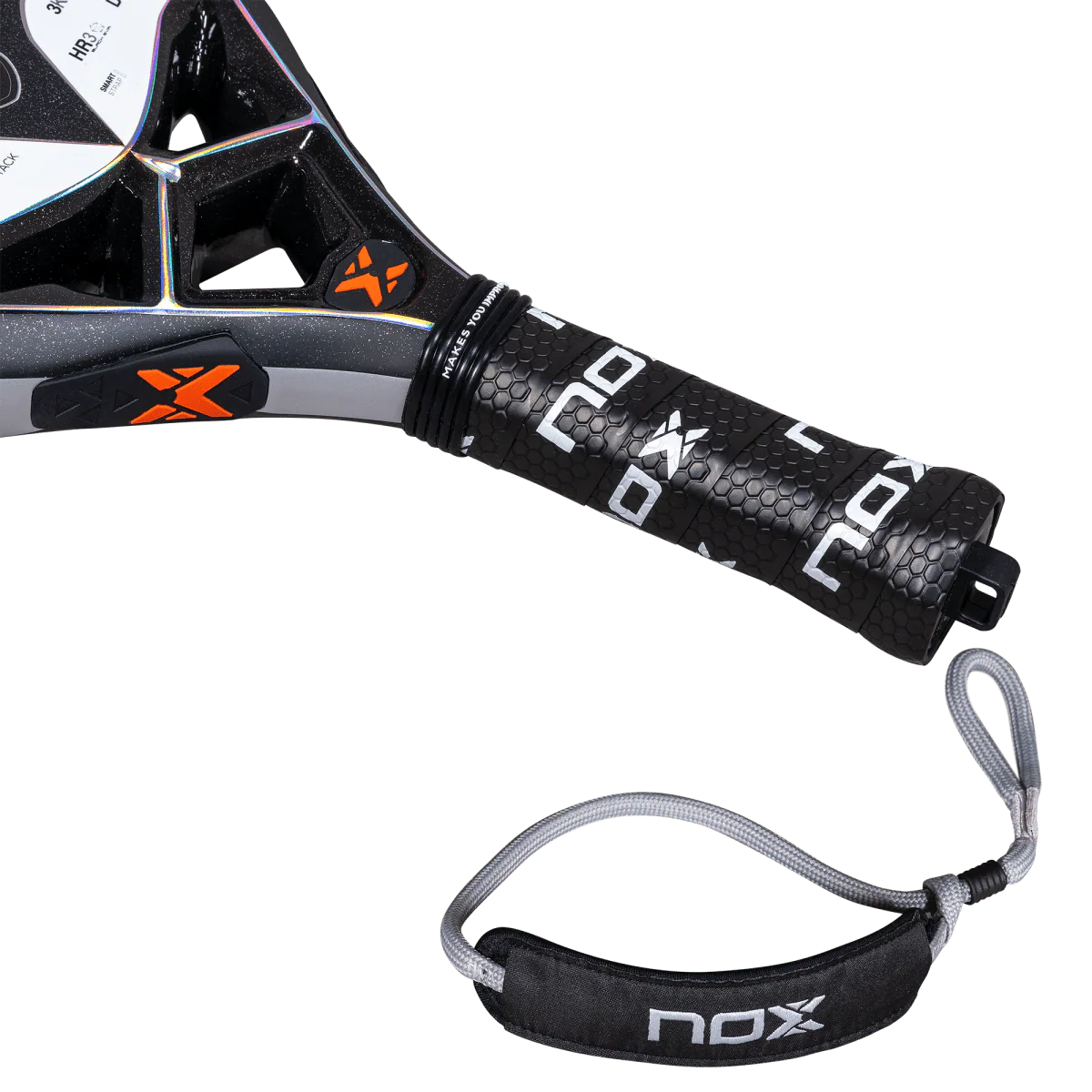 Nox NextGen Pro Attack 3K padel racket handle close up with Smartstrap system, designed for intermediate players.