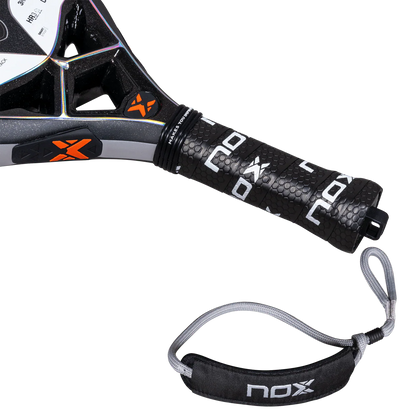 Nox NextGen Pro Attack 3K padel racket handle close up with Smartstrap system, designed for intermediate players.