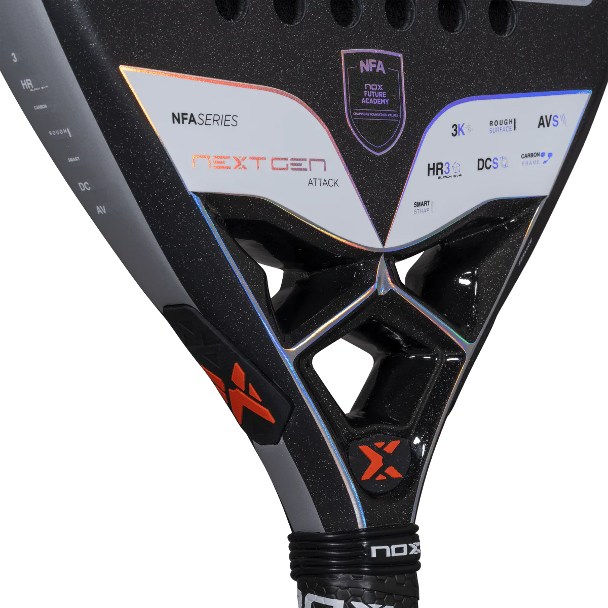 Nox NextGen Pro Attack 3K padel racket neck detail showing carbon frame and NFA technology, designed for intermediate players.