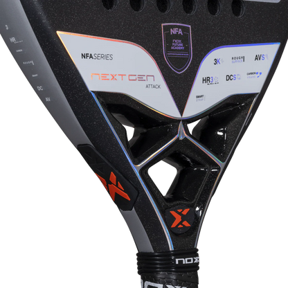 Nox NextGen Pro Attack 3K padel racket neck detail showing carbon frame and NFA technology, designed for intermediate players.