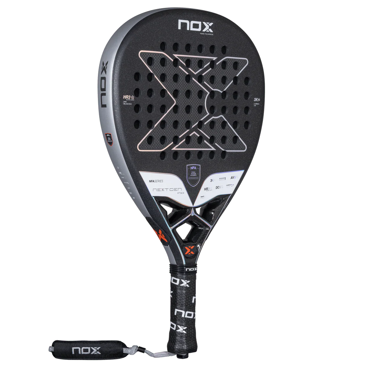 Nox NextGen Pro Attack 3K padel racket side angled view with diamond shape and rough surface, designed for intermediate players
