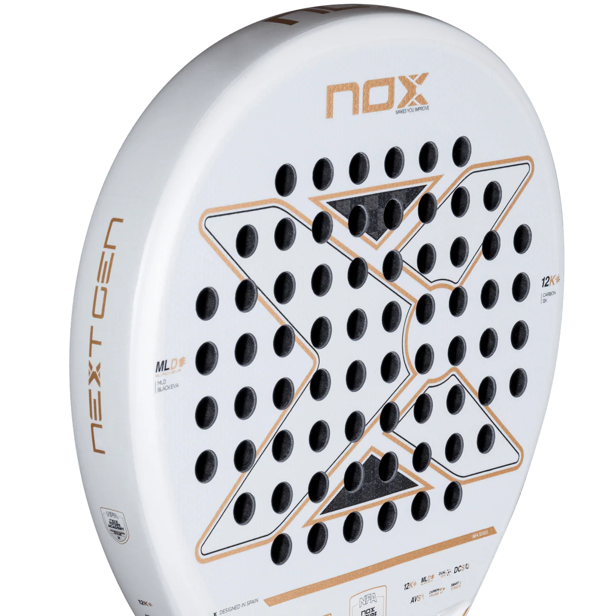 Nox NextGen Pro Hybrid 12K NFA Series 2026 face close up showing 12K carbon surface, designed for versatile players