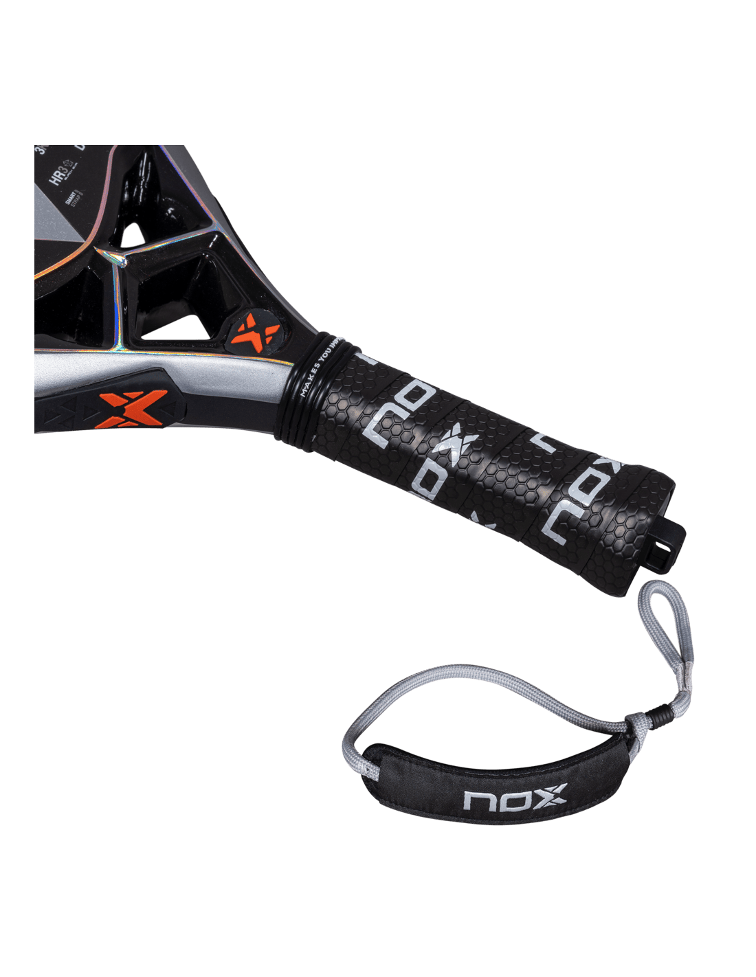 Close-up of the Nox Nextgen Pro Hybrid 3K NFA Series padel racket handle in black with white branding and wrist strap, designed for intermediate players.