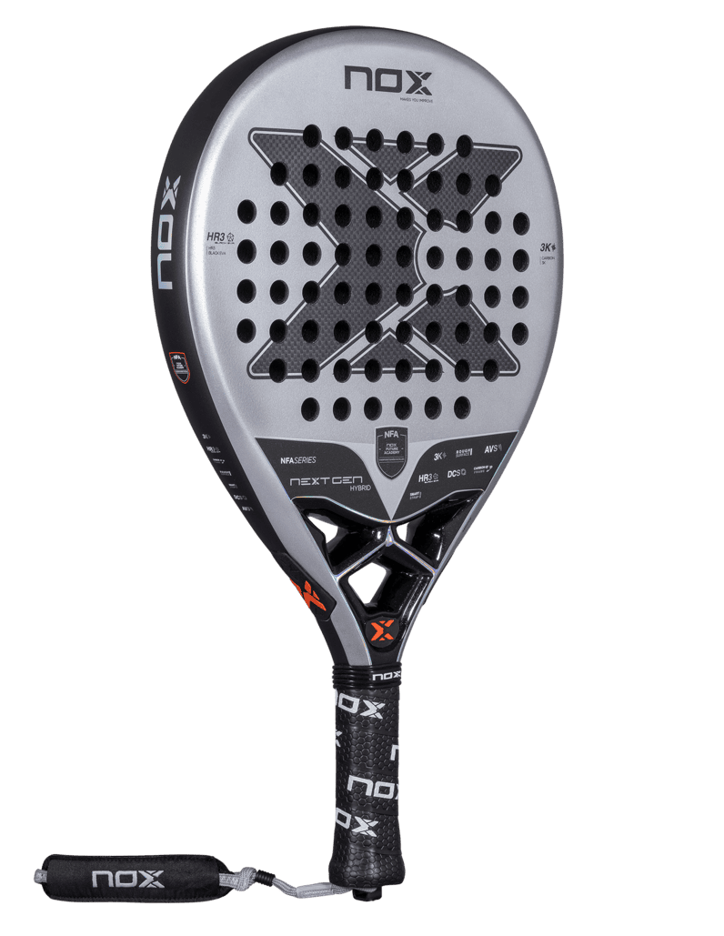 Angled view of the Nox Nextgen Pro Hybrid 3K NFA Series padel racket in silver and black with perforated face and X logo, designed for intermediate players.