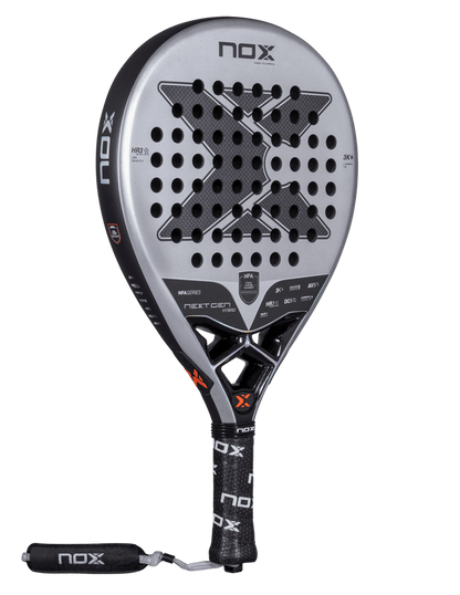 Angled view of the Nox Nextgen Pro Hybrid 3K NFA Series padel racket in silver and black with perforated face and X logo, designed for intermediate players.