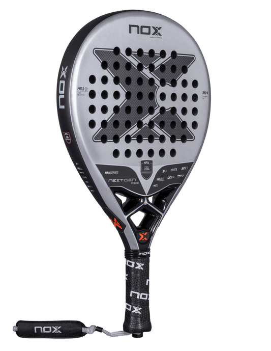 Angled view of the Nox Nextgen Pro Hybrid 3K NFA Series padel racket in silver and black with perforated face and X logo, designed for intermediate players.