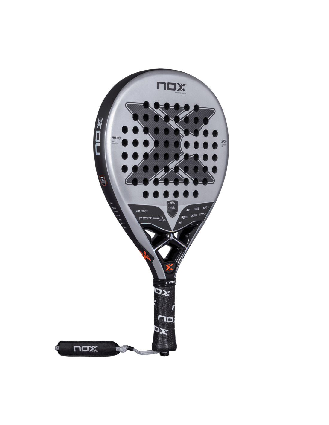 Angled view of the Nox Nextgen Pro Hybrid 3K NFA Series padel racket in silver and black with perforated face and wrist strap, designed for intermediate players.