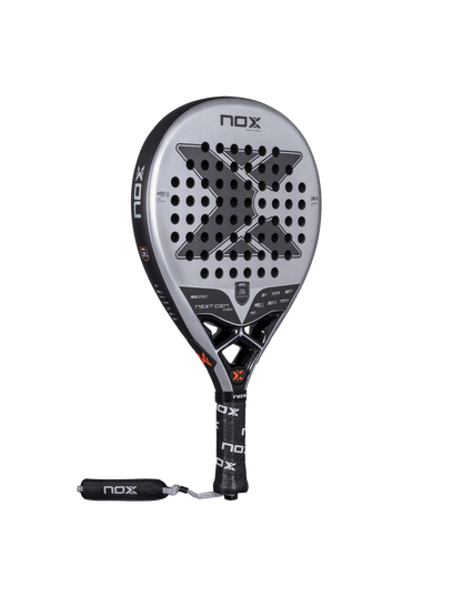 Angled view of the Nox Nextgen Pro Hybrid 3K NFA Series padel racket in silver and black with perforated face and wrist strap, designed for intermediate players.