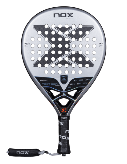 Front view of the Nox Nextgen Pro Hybrid 3K NFA Series padel racket in silver, black and silver / grey with X logo and perforated face, designed for intermediate players.