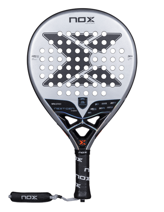 Front view of the Nox Nextgen Pro Hybrid 3K NFA Series padel racket in silver, black and silver / grey with X logo and perforated face, designed for intermediate players.