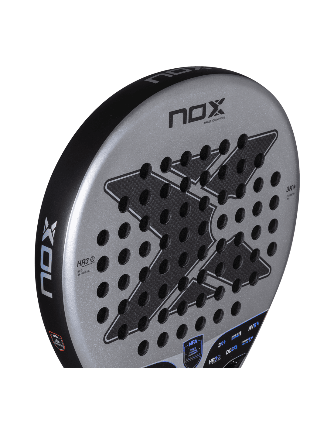 Side view of the Nox Nextgen Pro Hybrid 3K NFA Series padel racket in silver and black with X logo and perforated face, designed for intermediate players.