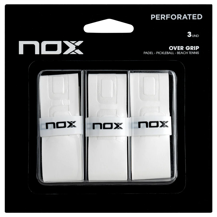 NOX Padel Blister Overgrips in a sealed packaging. Three in total in a white colour.