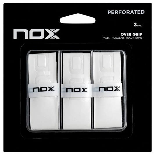 NOX Padel Blister Overgrips in a sealed packaging. Three in total in a white colour.