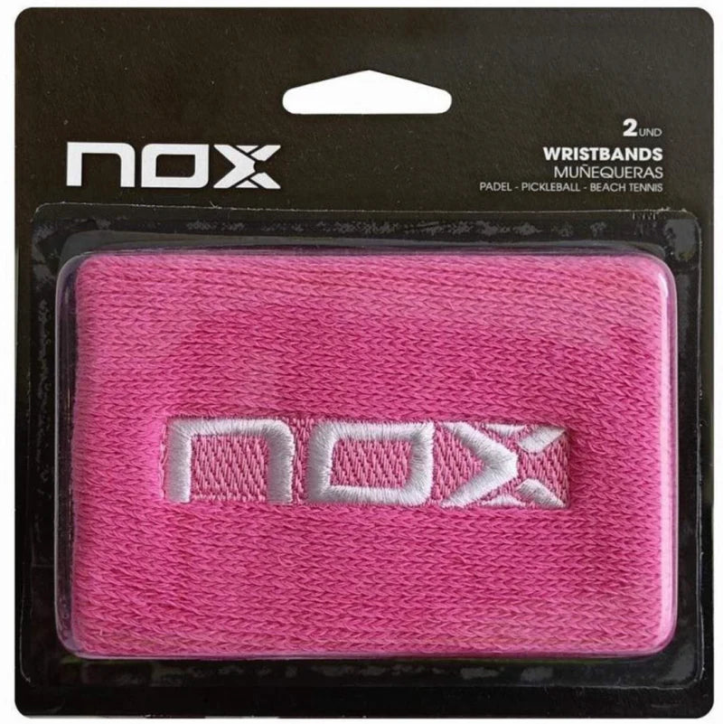Nox pink padel wristbands front view in retail packaging with embroidered logo, designed for all level padel and pickleball players.