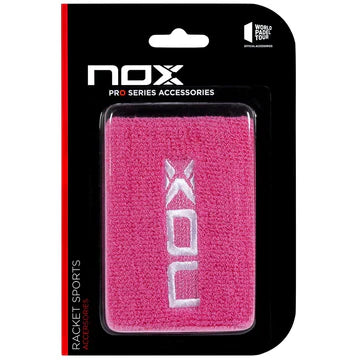 Nox pink padel wristbands front view in retail packaging with embroidered logo, designed for all level padel and pickleball players.