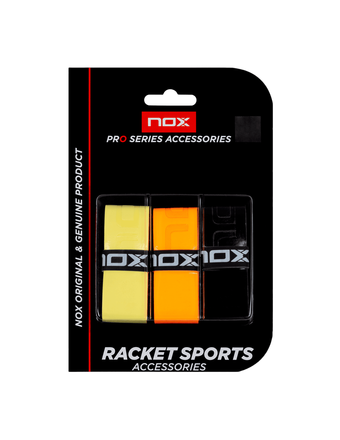 Yellow, orange and black Nox pro series over grips. Three in a sealed pack