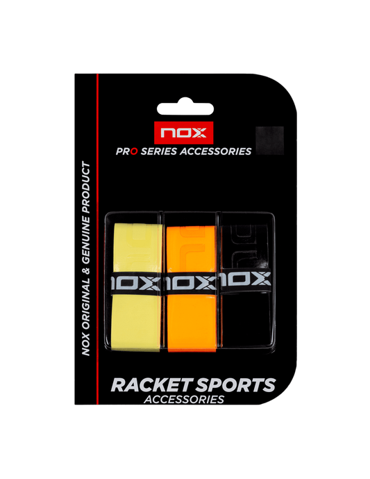 Yellow, orange and black Nox pro series over grips. Three in a sealed pack