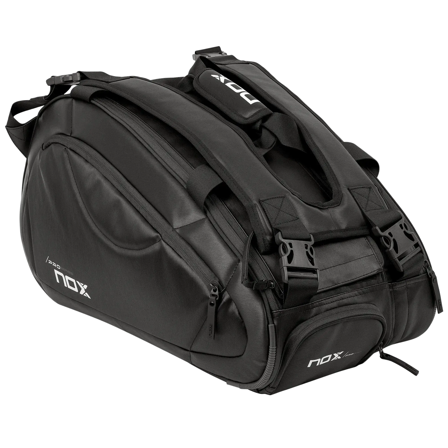 Nox Pro Series black padel racket bag angled view showing full size and compartments, designed for all level players