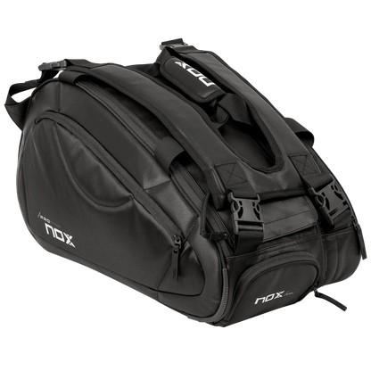 Nox Pro Series black padel racket bag angled view showing full size and compartments, designed for all level players