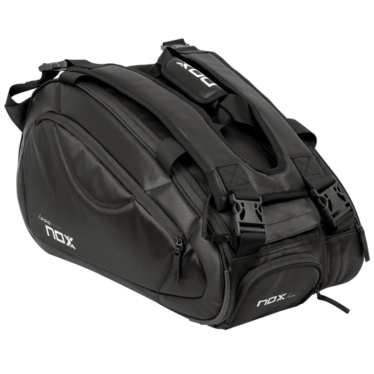 Nox Pro Series black padel racket bag angled view showing full size and compartments, designed for all level players