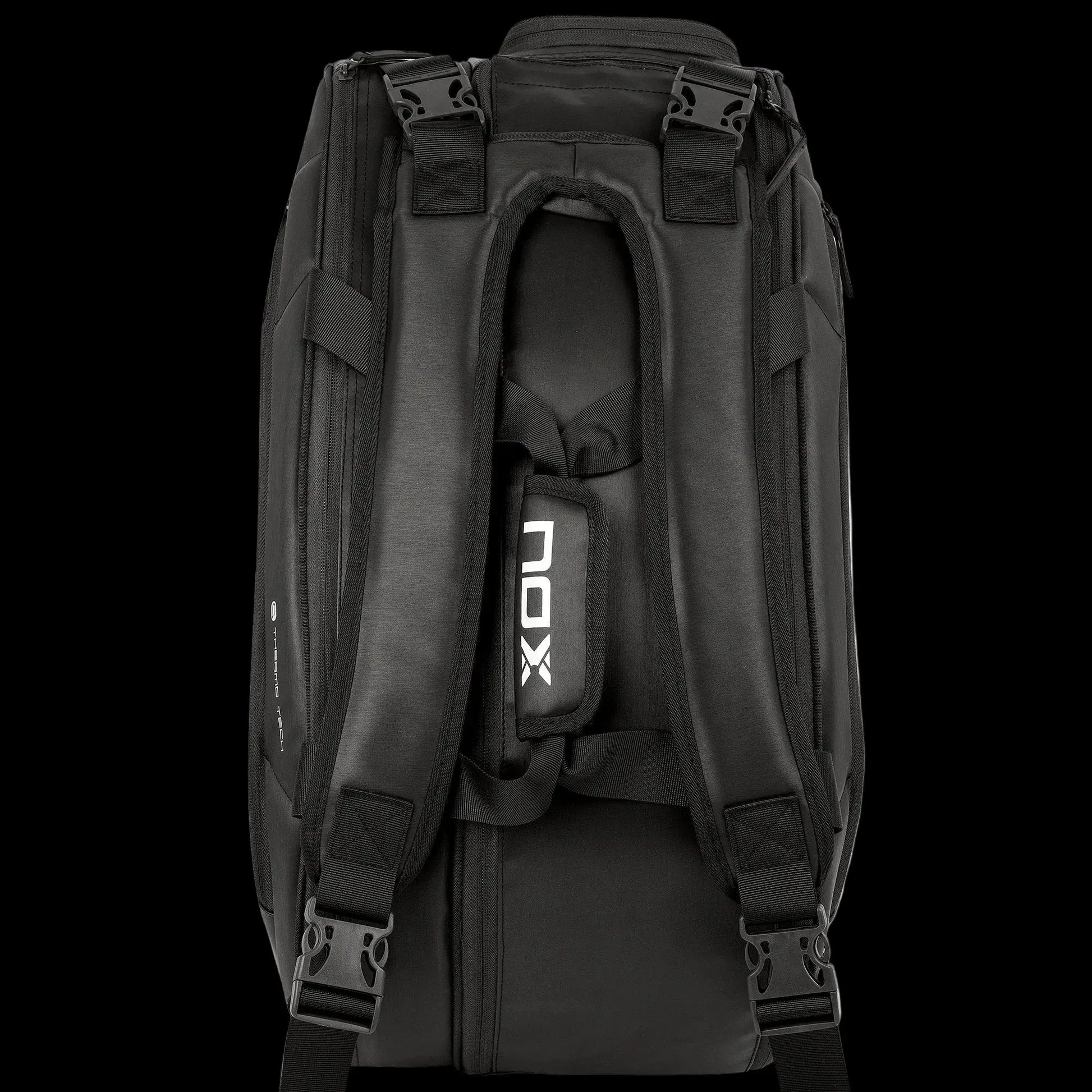 Nox Pro Series black padel racket bag backpack view showing padded straps and carry system, designed for all level players