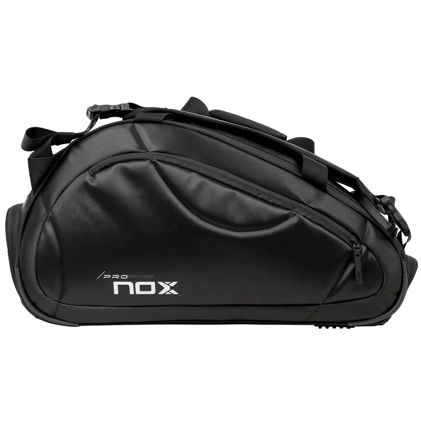 Nox Pro Series black padel racket bag side view showing streamlined shape and storage capacity, designed for all level players