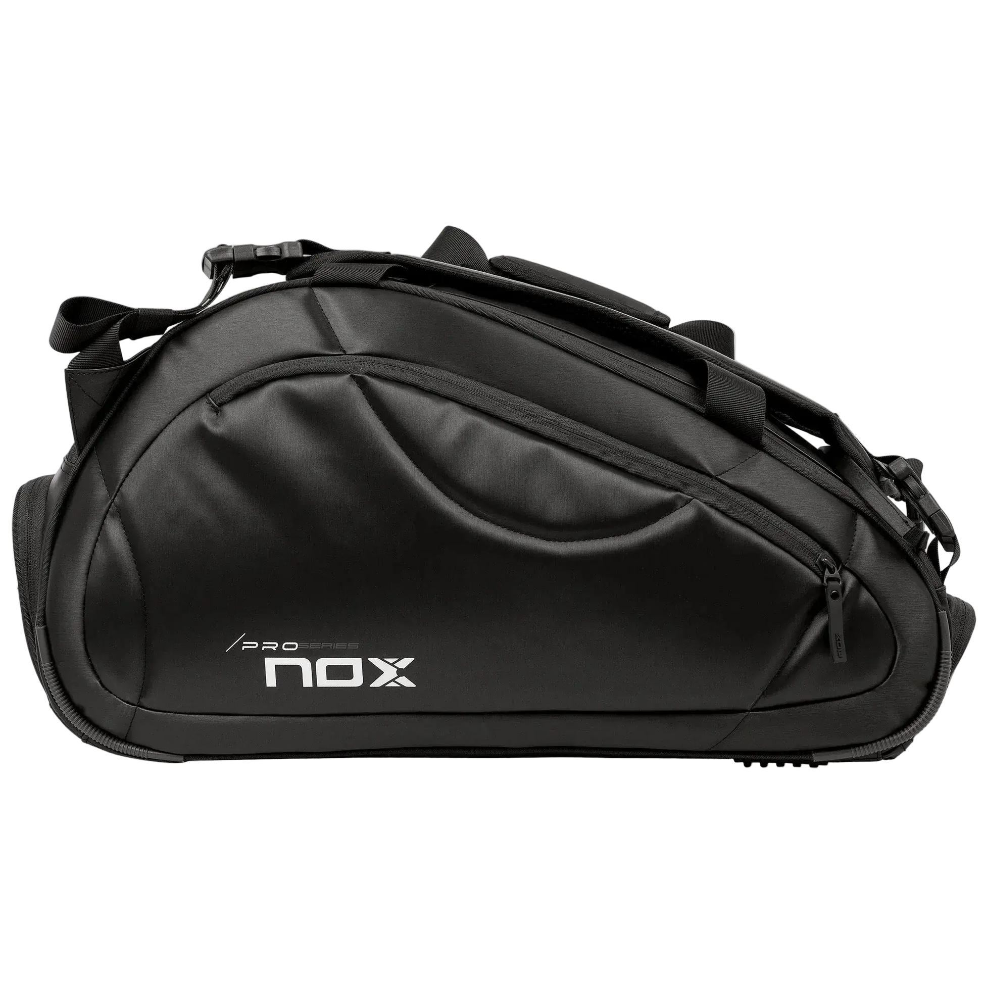 Nox Pro Series black padel racket bag side view showing streamlined shape and storage capacity, designed for all level players