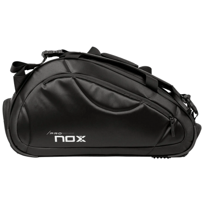 Nox Pro Series black padel racket bag side view showing streamlined shape and storage capacity, designed for all level players