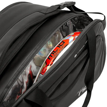 Nox Pro Series black padel racket bag showing thermo lined racket compartment with racket inside, designed for all level players