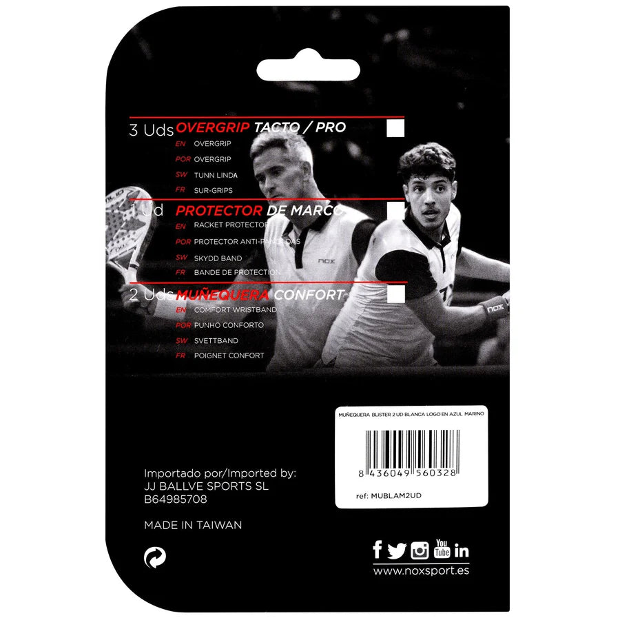Nox pro series padel wristbands back packaging view showing product details and branding, designed for all level players.