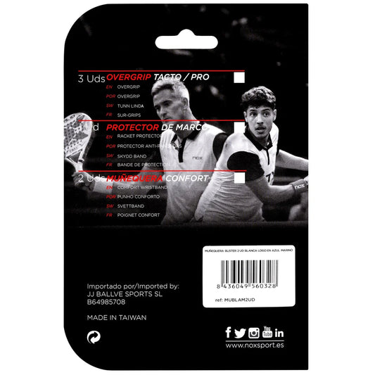 Nox pro series padel wristbands back packaging view showing product details and branding, designed for all level players.