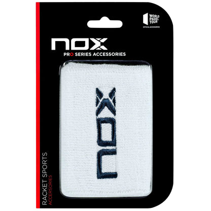 Nox pro series padel wristbands front packaging view in white with embroidered logo, designed for all level players