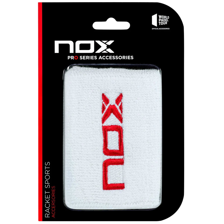 Nox pro series padel wristbands front packaging view in white and red with embroidered logo, designed for all level players