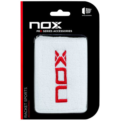 Nox pro series padel wristbands front packaging view in white and red with embroidered logo, designed for all level players