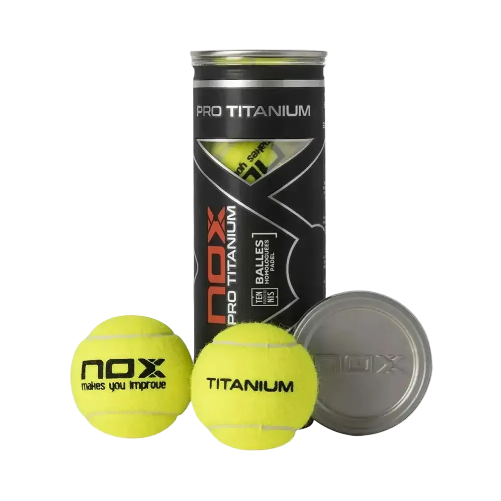 NOX Pro Titanium padel balls open tube showing three balls and lid, designed for intermediate players