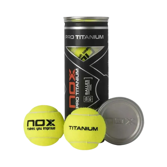NOX Pro Titanium padel balls open tube showing three balls and lid, designed for intermediate players
