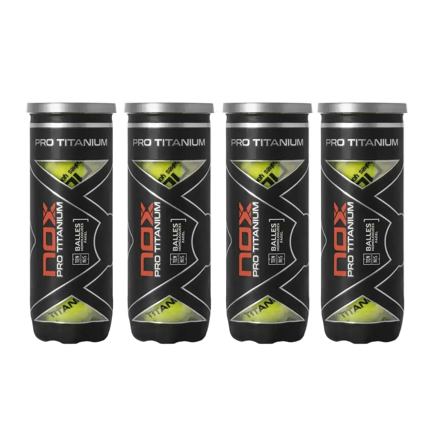 NOX Pro Titanium padel balls 4 tubes front view with branding and pressurised balls inside, designed for intermediate players